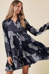 Black Leopard Print Button-up Long Sleeve Casual Dress