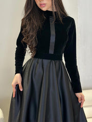 Pleated Split-Joint Zipper A-Line Long Sleeves Mock Neck Maxi Dresses