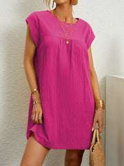 Pleated Solid Color Cap Sleeve Loose Round-neck Mini Dresses