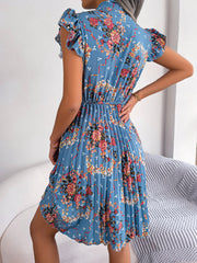 Pleated Floral Printed Tie Neck Knee Length Short Sleeve Dress