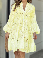 A-Line Flared Sleeves Buttoned Hollow Solid Color Split-Joint V-Neck Mini Dresses