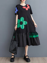 Floral Printed Split-Joint Loose Short Sleeves Round-neck Midi Dresses