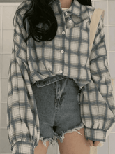 Checkered Puff Sleeve Button Blouse