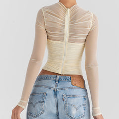 Beige Cross Mesh Long Sleeved Top