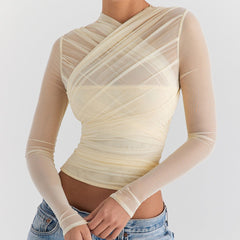 Beige Cross Mesh Long Sleeved Top
