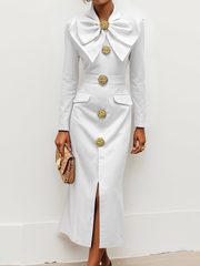 Long Sleeves Skinny Buttoned Solid Color Split-Front Stand Collar Midi Dresses Shirt Dress