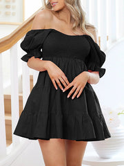 Elasticity Pleated Solid Color Split-Joint Tiered Loose Puff Sleeves Off-the-shoulder Mini Dresses