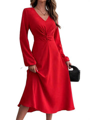 Pleated Solid Color Zipper A-Line High Waisted V-Neck Midi Dresses