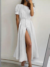 Buttoned Solid Color Puff Sleeves Short Sleeves Round-Neck Shirt Dress Midi Dresses