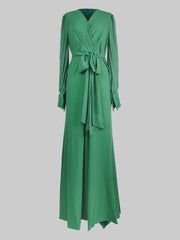 Skinny Wrap Bandage Solid Color Split-Front Split-Joint V-Neck Maxi Evening Dresses