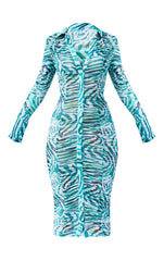 Blue Zebra Ruched Long Sleeve Midi Shirt Dress