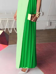 Asymmetric Contrast Color Pleated Split-Joint Loose Sleeveless Round-Neck Maxi Dresses