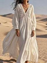 Solid Color Flower Hollow Loose Long Sleeves Bohemia Maxi Dresses