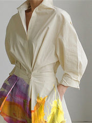 Floral Printed Pleated Split-Joint Tied Waist Long Sleeves Loose Lapel Shirt Dress Midi Dresses