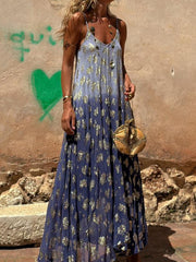 Flower Printed Gradient Sleeveless Spaghetti-Neck Elegant Maxi Dresses