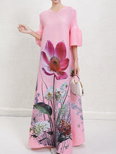 Flower Print Pleated A-Line Flared Sleeves V-Neck Maxi Dresses