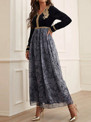 Embroidered Flower Print Split-Joint A-Line High Waisted V-Neck Maxi Dresses