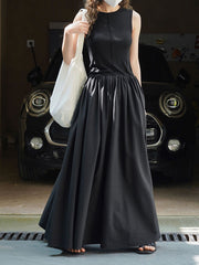 Pleated Solid Color Split-Joint Loose Sleeveless Round-Neck Maxi Dresses