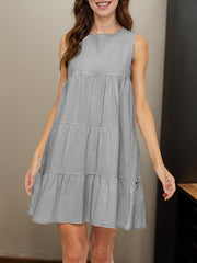 Pleated Solid Color Split-Joint A-Line Loose Round-Neck Mini Dresses