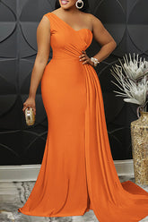 Plus Size Formal Orange Elegant One Shoulder Sweep Maxi Dress