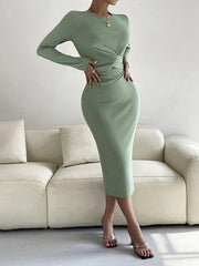 Knot Pleated Solid Color Split-side Tied Bodycon Long Sleeves Round-neck Midi Dresses
