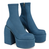 Denim Edgy Chunky Heeled Platform Boots