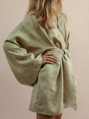 Solid Color Belted Bandage Long Sleeve Kimonohe Mini Dress