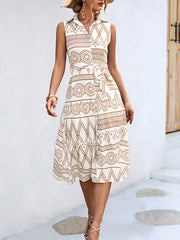 Buttoned Printed Tied Waist Sleeveless Lapel Collar Midi Dresses