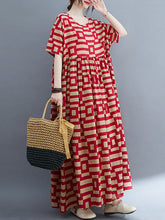 Plaid Loose Short Sleeves Round-Neck Midi Dresses