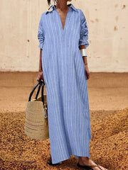 Long Sleeves Striped Lapel Maxi Dresses
