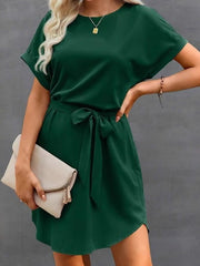 Solid Color Tied Waist Loose Short Sleeves Round-Neck Mini Dresses