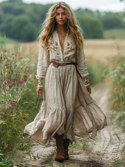 Floral Splicing Long Sleeves Shirt Maxi Dresses