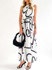 Bandage Contrast Color Hollow Printed Loose Sleeveless One-Shoulder Midi Dresses