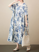 Floral Printed Pleated Split-Joint Loose Short Sleeves Round-Neck Midi Dresses