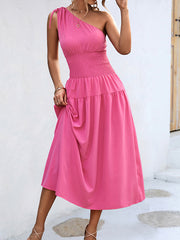 Solid Color Sleeveless One-shoulder Midi Dresses