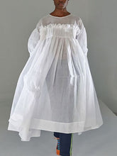 A-Line Long Sleeves Mesh Pleated See-Through Solid Color Split-Joint Round-Neck Midi Dresses