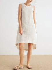 Solid Color High-Low Loose Round-Neck Midi Dresses