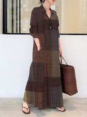 Plaid Pockets Long Sleeves Loose Lapel Shirt Dress Maxi Dresses