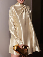 Shiny Solid Color Long Sleeves Loose High Neck Mini Dresses