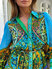 Belted Floral Printed High Waisted Loose Lapel Midi Dresses