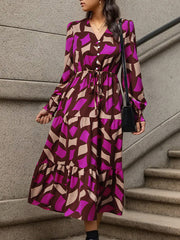Buttoned Elasticity Pleated Printed Split-Joint Tied Waist A-Line Long Sleeves V-Neck Midi Dresses
