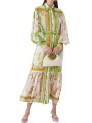 Flower Printed Patchwork Long Sleeves Elegant Maxi Dresses