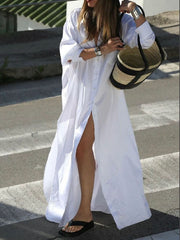 Buttoned Solid Color Split-Side Long Sleeves Loose Lapel Shirt Dress Maxi Dresses