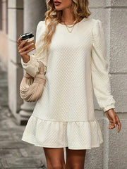 Elasticity Pleated Solid Color Split-Joint A-Line Long Sleeves Round-Neck Mini Dresses