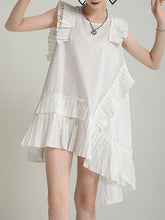 Asymmetric Pleated Solid Color Split-Joint Flying Sleeves Loose Round-Neck Midi Dresses