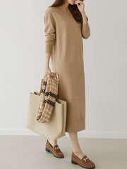 Urban Long Sleeves Loose Split-Side Solid Color Round-Neck Sweater Dresses