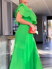 Asymmetric Plain Pleated Loose One-Shoulder Maxi Dresses