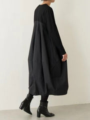 Split-Joint Long Sleeves Loose Round-Neck Midi Dresses