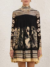 A-Line Long Sleeves Bronzing Printed Split-Joint Mock Neck Mini Dresses