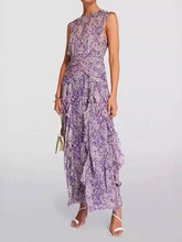 Flower Printed Sleeveless Round-Neck Ruffled Elegant Maxi Dresses